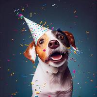 fofa cachorro com uma festa chapéu a comemorar dela aniversário, confete caindo. gerar ai foto