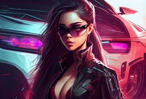 moda cyberpunk menina dirigir uma Super-carro ásia mulher com futuro digital copos, realista. gerar ai foto