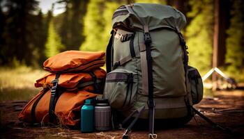 viagem bolsas dentro frente do uma acampamento barraca, caminhada engrenagem.. gerar ai foto