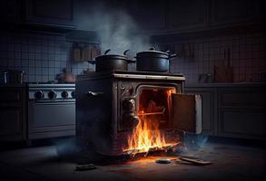 fogão aceso dentro a moderno cozinha durante culinária, fumaça e fuligem em volta, fogo às lar. gerar ai foto