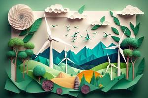 papel arte , renovável energia com verde energia Como vento turbinas , renovável energia de carbono neutro energia , energia consumo e co2, reduzir co2 emissão conceito. gerar ai foto