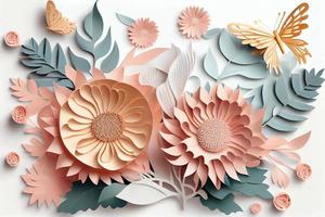 abstrato cortar papel flores isolado em branco, botânico fundo, festivo floral arranjo. rosa, margarida, dália, borboleta e folhas dentro pastel cor paleta. simples moderno parede decoração. gerar ai foto