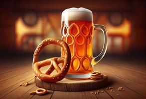 Cerveja e pretzel em de madeira fundo, oktoberfest. gerar ai. foto