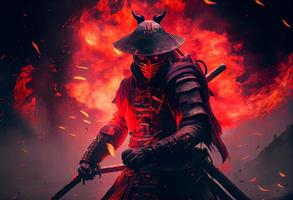 uma samurai dentro uma demoníaco vermelho mascarar em a campo de batalha. gerar ai. foto