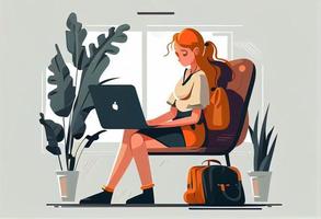 menina com computador portátil sentado em a cadeira. freelance ou estudando conceito. gerar ai. foto