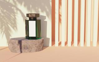 maquete de barco de vidro verde com etiqueta branca em uma rocha e fundo abstrato de formas lineares e sombra de palmeira, renderização em 3D foto