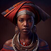 retrato realista gráficos do a africano mulher com Forte facial características dentro nacional roupas - ai gerado imagem foto