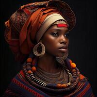 retrato realista gráficos do a africano mulher com Forte facial características dentro nacional roupas - ai gerado imagem foto