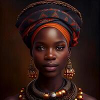 retrato realista gráficos do a africano mulher com Forte facial características dentro nacional roupas - ai gerado imagem foto
