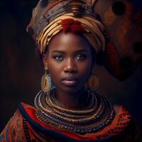 retrato realista gráficos do a africano mulher com Forte facial características dentro nacional roupas - ai gerado imagem foto