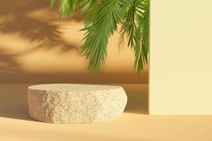 rocha achatada para apresentação do produto com folhas de palmeira aparecendo e criando sombras, renderização em 3D
