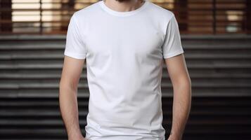 generativo ai, realista branco camiseta zombar acima em branco colocar em jovem homem, copyspace para apresentação anúncio. em branco o negócio conceito foto