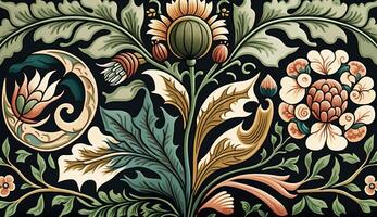 generativo ai, floral colorida padronizar. William Morris inspirado natural plantas e flores fundo, vintage ilustração. folk estilo foto