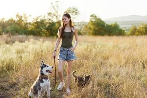 mulher e dela rouco cachorro alegremente caminhando e corrida dentro a Relva dentro a campo sorrir com dentes outono pôr do sol andar com uma bicho de estimação, viajando com uma amigo cachorro felicidade foto