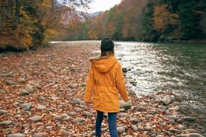 mulher anda em ao longo a rio outono floresta natureza montanhas foto