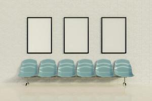 maquete de quadros de publicidade em uma sala de espera com uma fileira de assentos, renderização em 3D foto