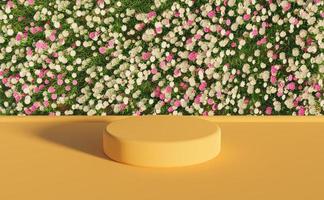 estande de produtos com flores brancas e roxas, renderização em 3D foto