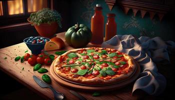 delicioso pizza em a mesa dentro uma restaurante, italiano cozinha. gerar ai. foto