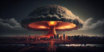 grande nuclear explosão cogumelo nuvem efeito sobre cidade Horizonte para apocalíptico conseqüência do nuclear anexar . gerar ai. foto