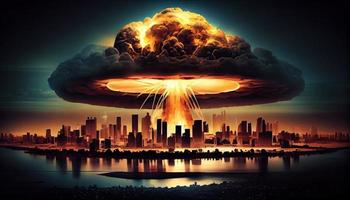 grande nuclear explosão cogumelo nuvem efeito sobre cidade Horizonte para apocalíptico conseqüência do nuclear anexar . gerar ai. foto
