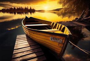 amarelo de madeira barco em a lago perto a de madeira cais. gerar ai. foto