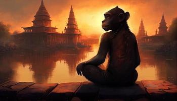 macaco iogue senta com dele costas dentro a lótus posição. gerar ai. foto