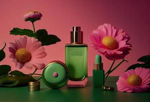 uma verde fundo com flores, cosméticos, e de outros Itens em isto, Incluindo uma garrafa do perfume e uma flor em a mesa topo do a mesa, e uma verde fundo com Rosa flores gerar ai. foto