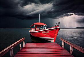 vermelho de madeira barco em a lago perto a de madeira cais antes a tempestade. nuvens de tempestade dentro a céu. gerar ai. foto