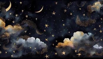 desatado padronizar do a noite céu com ouro frustrar constelações estrelas e nuvens aquarela. gerar ai. foto