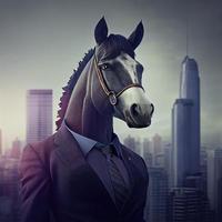 retrato do a antropomórfico cavalo homem de negocios roaming a cidade ruas. gerar ai. foto