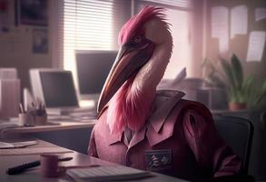 retrato do a antropomórfico Rosa pelicano Como uma desenvolvedor dentro a escritório. gerar ai. foto