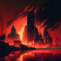 vermelho trovão paisagem urbana a queimando cidade digital arte estilo. gerar ai. foto