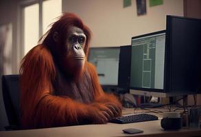 retrato do a antropomórfico orangotango Como uma desenvolvedor dentro a escritório. gerar ai. foto