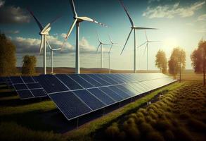 vento turbinas e solar painéis Fazenda dentro uma campo. renovável verde energia. gerar ai. foto