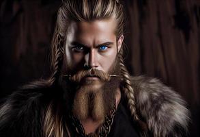 a viking ficou alta e orgulhoso, dele músculos tenso abaixo dele forrado de pele túnica. gerar ai. foto