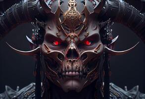 crânio diabo cyborg samurai face, 3d Renderização. gerar ai. foto