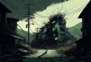 ilustração pintura do destruído abandonado cidade, zumbi apocalipse. gerar ai. foto