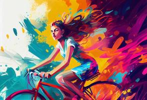 jovem mulher equitação uma bicicleta. gerar ai. foto