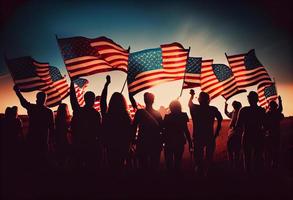 grupo do pessoas acenando americano bandeiras dentro costas aceso. gerar ai. foto