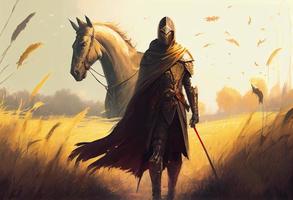 uma dourado cavaleiro e dele cavalo caminhando para campo do espadas. gerar ai. foto