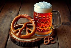 Cerveja e pretzel em de madeira fundo, oktoberfest. gerar ai. foto