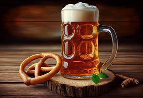 Cerveja e pretzel em de madeira fundo, oktoberfest. gerar ai. foto