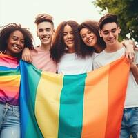 diverso jovem amigos a comemorar gay orgulho festival lgbtq. generativo ai foto