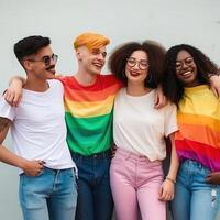 diverso jovem amigos a comemorar gay orgulho festival lgbtq. generativo ai foto