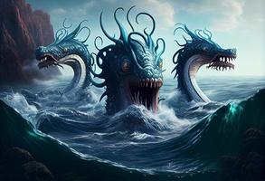 três cabeça mar monstro fantasia 3d ilustração digital arte panorama papel de parede. gerar ai. foto