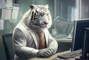 retrato do a antropomórfico branco tigre Como uma desenvolvedor dentro a escritório. gerar ai. foto