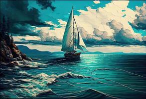 barco a vela contra uma fundo do mar digital pintura gerar ai. foto