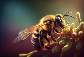 abelha coleta néctar em uma ensolarado dia, selvagem inseto vida. gerar ai. foto