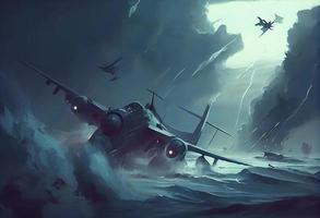 ilustração pintura do aviões vôo dentro a tempestade . gerar ai. foto