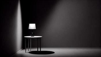 lindo minimalista apresentação fundo com uma mesa e uma branco luminária contra uma Preto texturizado muro. gerar ai. foto
